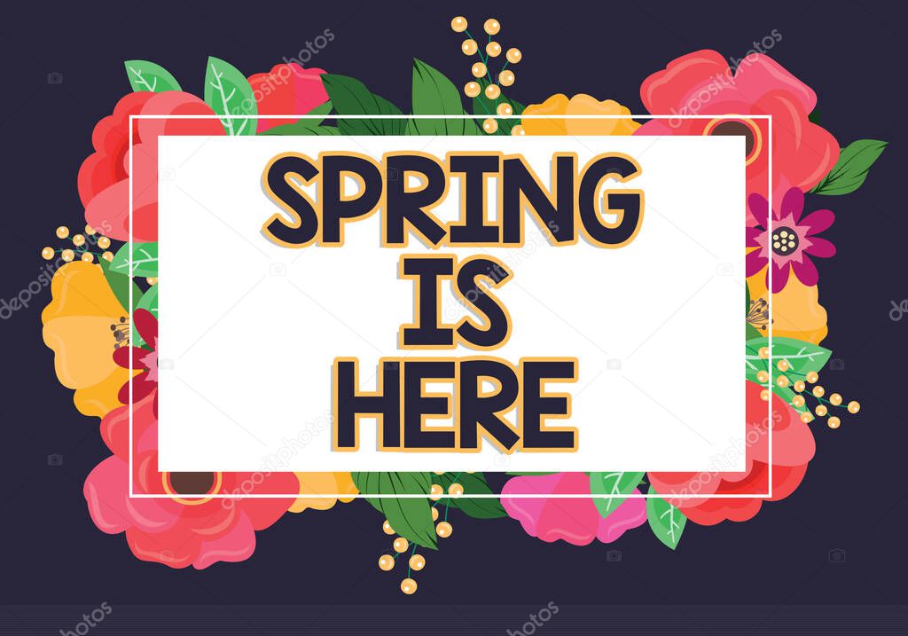 Writing displaying text Spring Is Here, Business overview After winter season has arrived Enjoy nature flowers sun Lady in suit holding pen symbolizing successful teamwork accomplishments.