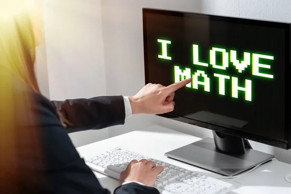 Yazısı Matematiği Seviyorum Gösterisini Seviyorum Matematik Delisi Oturan Şadamı Arkasında — Stok fotoğraf