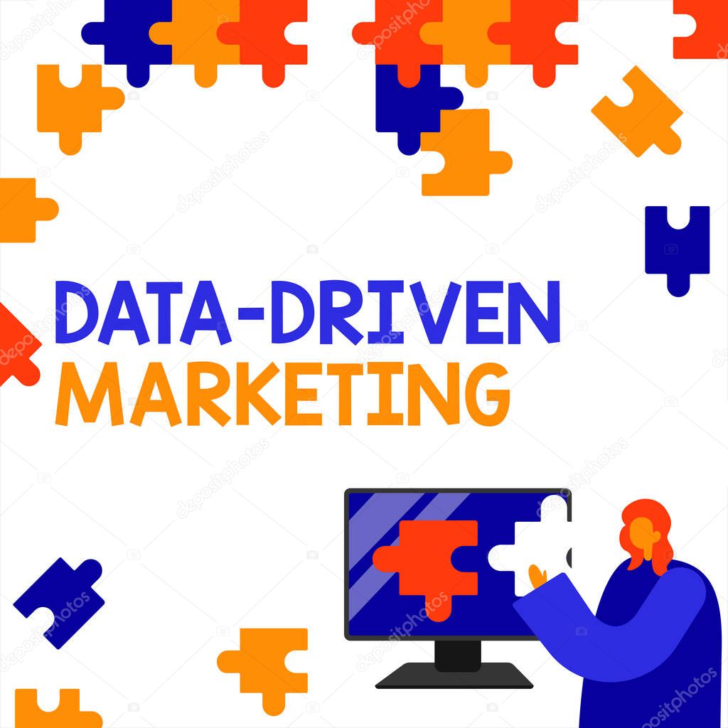 Writing displaying text Data Driven Marketing, Business concept Strategy built on Insights Analysis from interactions Woman Wearing Virtual Reality Headset And Enjoying The Simulator.