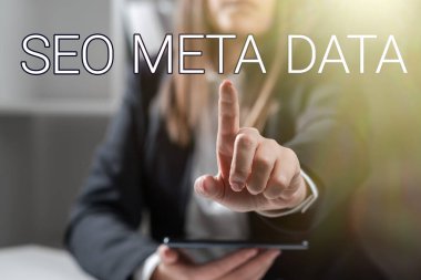 Seo Meta Veri, Arama Motoru İyimserleştirme Sözcük Çevrimiçi Pazarlama Stratejisi Kadın takım elbiseli başarılı takım çalışmalarını sembolize eden kalem tutuyor.