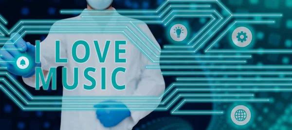 コンセプトディスプレイI Love Music Concept意味優れたサウンドへの愛情を持つ歌詞歌手ミュージシャン重要なメッセージノートブックのヴィンテージカメラ付きデスクで発表 — ストック写真