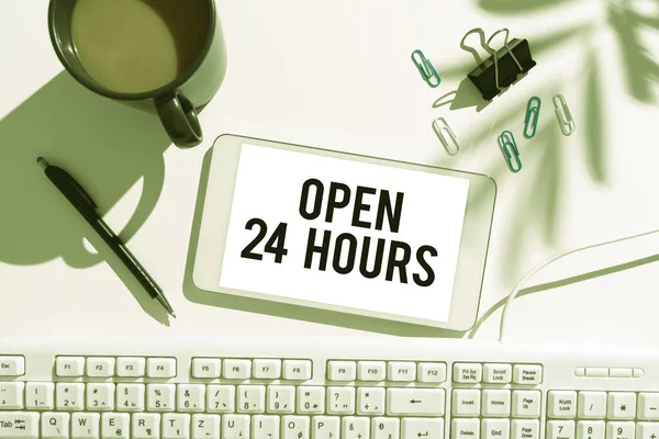 Inspiration showing sign Open 24 Hours, Word for Working all day everyday business store always operating Businessman Pointing At Glass And Showing New Ideas To Achieve Goals.