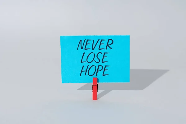 Text sign showing Never Lose Hope, Business concept Be positive optimistic have motivation to keep going Businesswoman Holding Pen And Presenting Important Message On Paper.