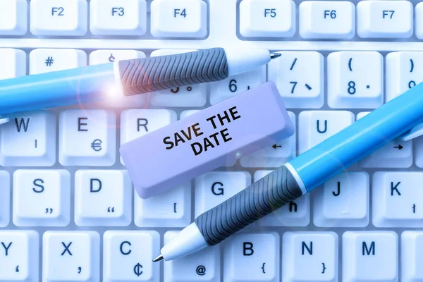 Sign displaying Save The Date, Business approach Systematized events Scheduled activity Recorded Filed Lady in suit holding pen symbolizing successful teamwork accomplishments.