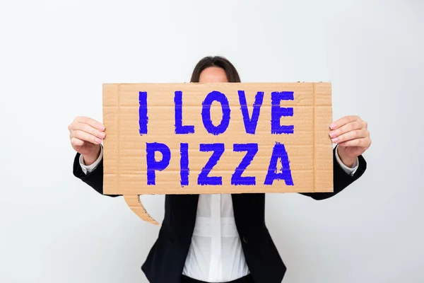 Hand writing sign I Love Pizza, Business idea To like a lot Italian food with cheese ham pepperoni in slices Businesswoman Writing Important Message On Notebook With Marker On Desk.