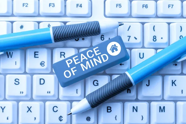 Text sign showing Peace Of Mind, Word for To be peaceful happy with things you have done and accomplish Businesswoman Holding Mobile Phone With Important Messages Sitting On Desk.