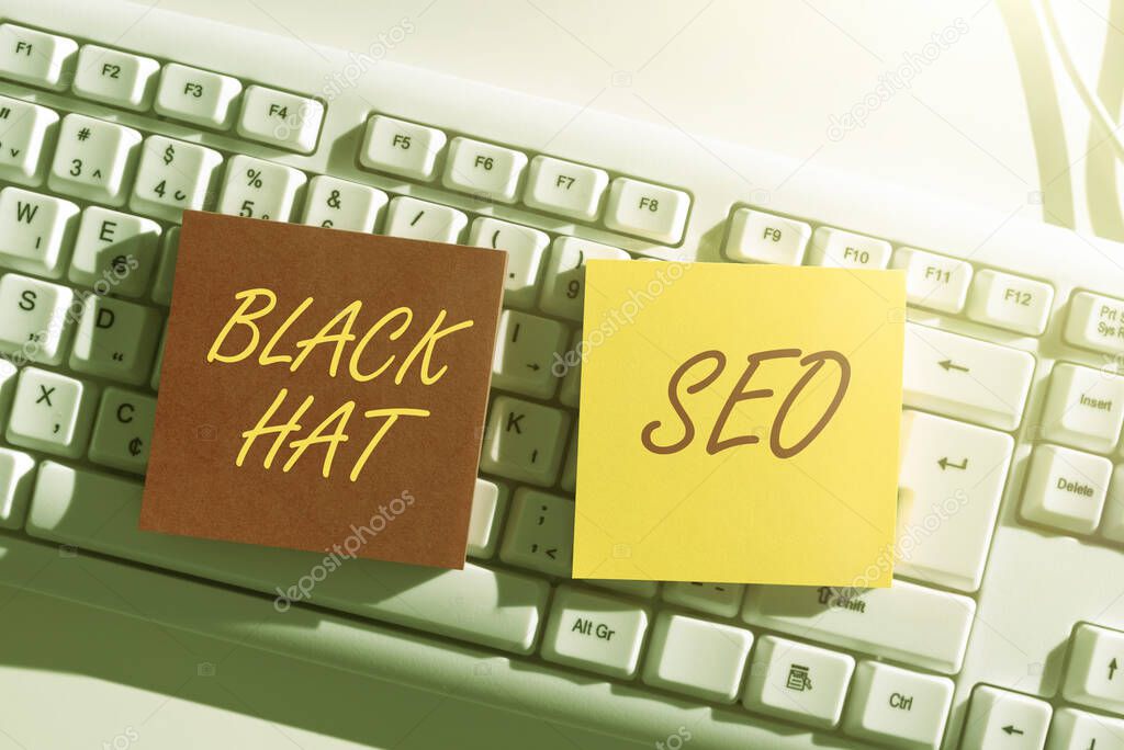 Text sign showing Black Hat Seo, Conceptual photo Search Engine Optimization using techniques to cheat browsers Lady in suit holding pen symbolizing successful teamwork accomplishments.