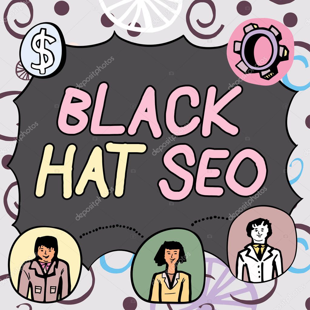 Text sign showing Black Hat Seo, Word for Search Engine Optimization using techniques to cheat browsers Woman Wearing Virtual Reality Headset And Enjoying The Simulator.