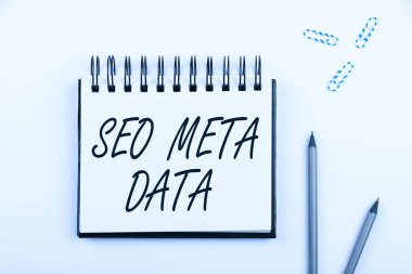 Kavramsal görüntüleme Seo Meta Data, İş dünyası arama motoru optimizasyonu Çevrimiçi pazarlama stratejisi önemli duyurularla büyütme.