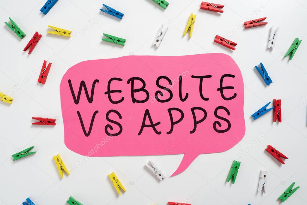 Conceptual caption Website Vs Apps, Internet Concept Doubt between using a webpage or an online application Lady in suit holding pen symbolizing successful teamwork accomplishments.