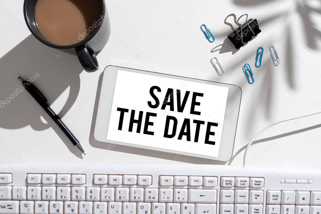 Text sign showing Save The Date, Word for Systematized events Scheduled activity Recorded Filed Lady in suit holding pen symbolizing successful teamwork accomplishments.