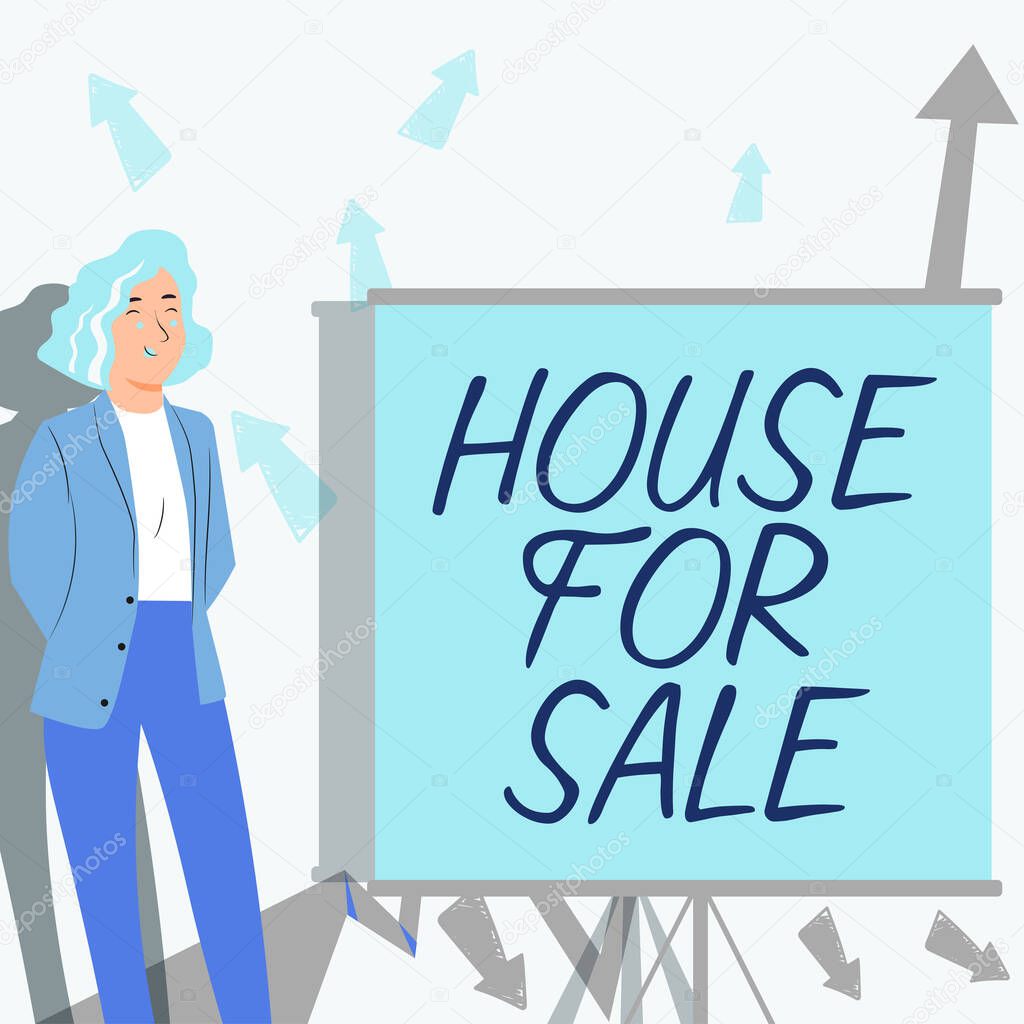 Text sign showing House For Sale, Conceptual photo Real estate property available to purchase opportunity Lady in suit holding pen symbolizing successful teamwork accomplishments.