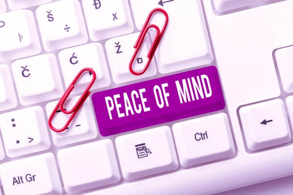 Handwriting text Peace Of Mind, Business idea To be peaceful happy with things you have done and accomplish Speech Bubble With Important Messages Next To Magnifier On Floor.