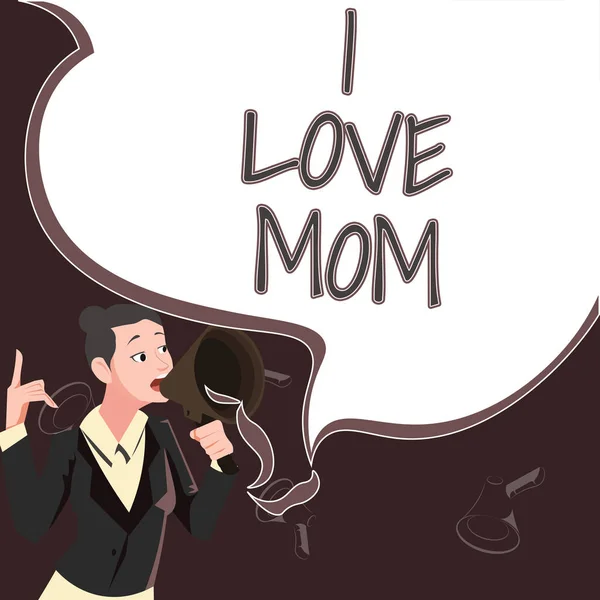 Handwriting text I Love Mom, Word Written on Good feelings about my mother Affection loving happiness Circular And Square Thought Bubbles Showing Social Media Messaging.