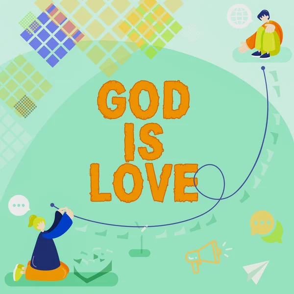 Text sign showing God Is Love, Word Written on Believing in Jesus having faith religious thoughts Christianity Businessman With Placard Presenting Important Strategies For Progress.