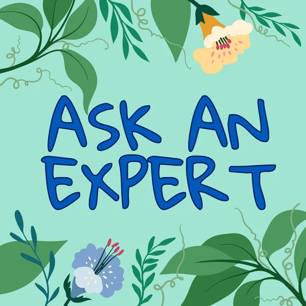 Sign displaying Ask An Expert, Word for Asking for advice to someone with great knowledge in a subject Lady standing front backdrop holding presentation achieving project goals.