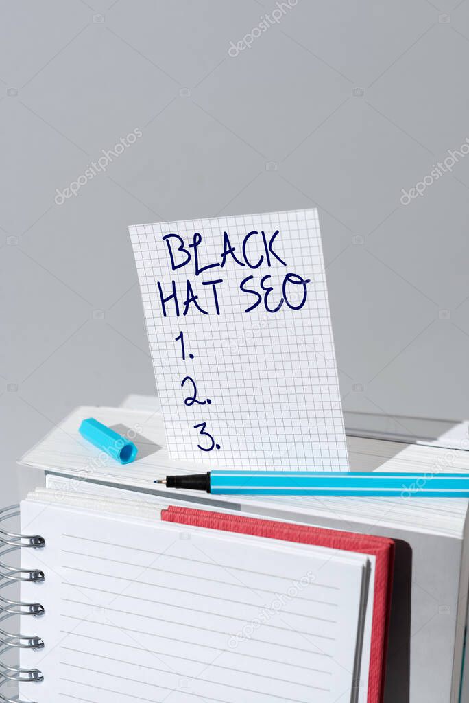 Text showing inspiration Black Hat Seo, Concept meaning Search Engine Optimization using techniques to cheat browsers Frame Decorated With Colorful Flowers And Foliage Arranged Harmoniously.