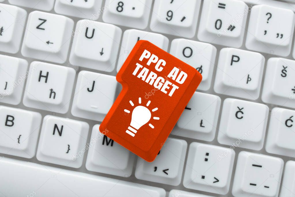 Text sign showing Ppc Ad Target, Conceptual photo Pay per click advertising marketing strategies online campaign Piece Of Carboard With Important Message Surrounded By Colorful Pegs.