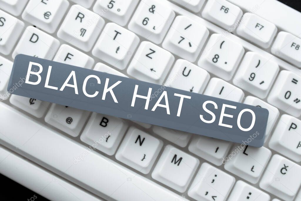 Text caption presenting Black Hat Seo, Internet Concept Search Engine Optimization using techniques to cheat browsers Important Messages Written On Two Notes On Desk With Keyboard.