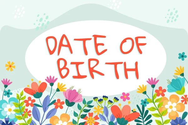 Text caption presenting Date Of Birth, Word Written on Day when someone is born new baby coming pregnant lady Oval Thought Bubbles Representing Chatting And Social Networking Media.