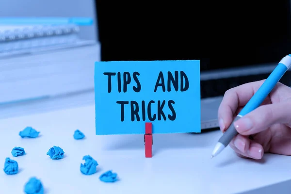 Handwriting text Tips And Tricks, Business showcase Steps Life hacks Handy advice Recommendations Skills