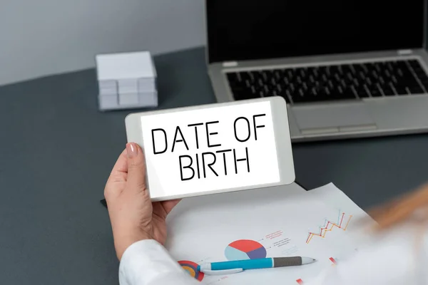 Text showing inspiration Date Of Birth, Business idea Day when someone is born new baby coming pregnant lady Three Business People Presenting Important Informations In Frame.