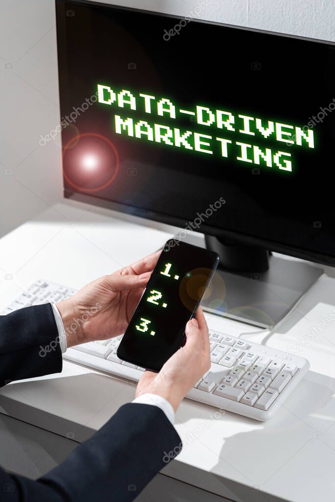 Writing displaying text Data Driven Marketing, Business overview Strategy built on Insights Analysis from interactions Lady Holding Puzzle Piece Representing Innovative Problem Solving Ideas.