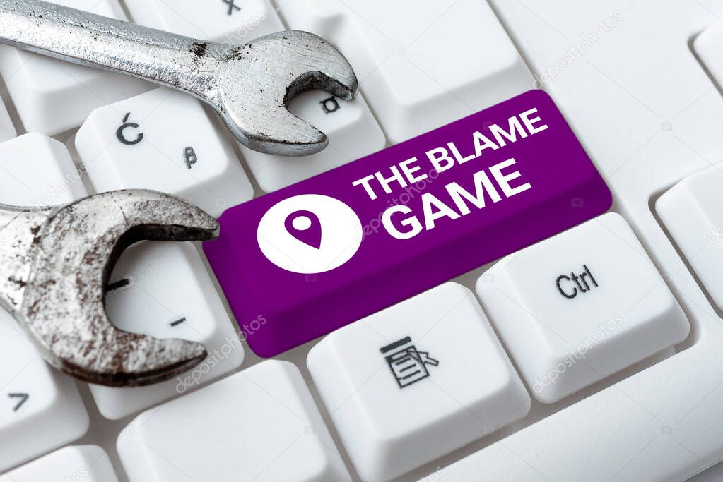Text showing inspiration The Blame GameA situation when people attempt to blame one another, Business overview A situation when showing attempt to blame one another Man With Laptop And Tablet Pointing