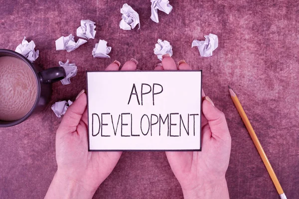 Señal Escritura Mano App Developmentdevelopment Servicios Para Increíbles Experiencias Móviles — Foto de Stock