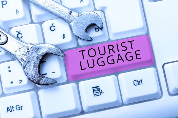 Skriva Visa Text Turist Luggagebig Väska Som Innehåller Allt Man — Stockfoto