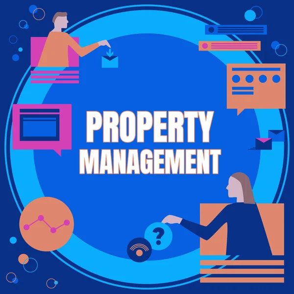 Writing displaying text Property Management, Business approach Overseeing of Real Estate Preserved value of Facility