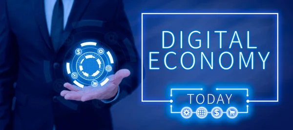 Handwriting text Digital Economyworldwide network of economic activities and technologies, Business idea worldwide network of economic activities and technologies