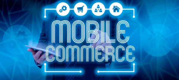 Tekenen Weergeven Mobiele Commercemobiele Telefoon Gebruiken Commerciële Transacties Online Uit — Stockfoto