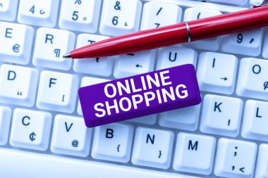 Çevrimiçi Alışveriş işaretini gösteren ilham, tüketicilerin ürünlerini internet üzerinden satın almalarına olanak sağlıyor, kavram, tüketicilerin mallarını internet üzerinden satın almalarına olanak sağlıyor.