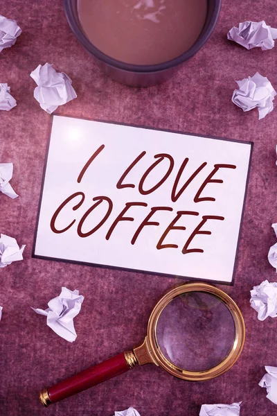Sinal Texto Mostrando Amo Café Visão Geral Negócio Amoroso Carinho — Fotografia de Stock