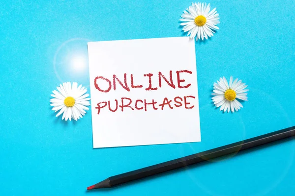 Hand writing sign Online PurchasePurchases electronic commerce goods from over the Internet, Business showcase Purchases electronic commerce goods from over the Internet