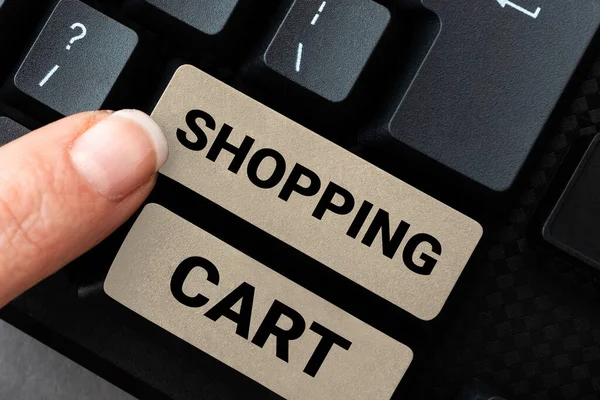 ショッピングカートを示すテキストサイン コンセプト意味ケーストロールは 食料品や商品を運ぶ — ストック写真