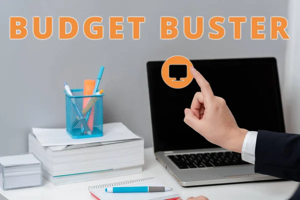 Schild Zeigt Budget Buster Geschäftsidee Sorglos Ausgaben Schnäppchen Unnötige Käufe — Stockfoto