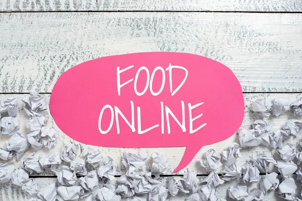 文本标题介绍在线食品 商业概念 要求吃东西使用电话应用程序或网站 — 图库照片