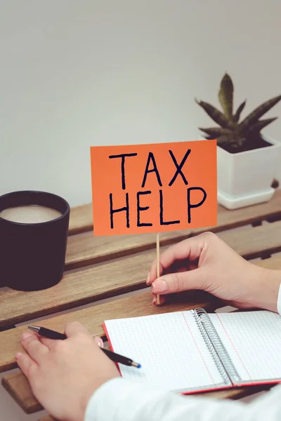 Hand Writing Sign Tax Help Word Written Assistance Compulsory Contribution — Stock Photo, Image