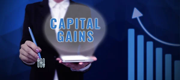 Text showing inspiration Capital Gains, Word Written on Bonds Shares Stocks Profit Income Tax Investment Funds