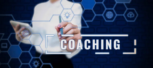 Text Sign Showing Coaching Business Concept Person Supports Client Achieving — Stock Photo, Image