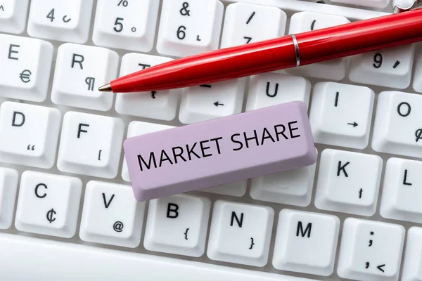 Hand writing sign Market Share, Concept meaning The portion of a market controlled by a particular company