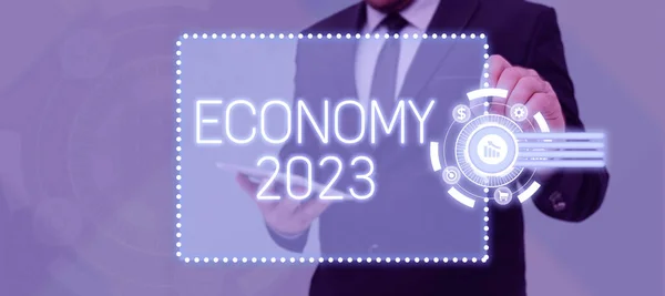 Visualizzazione Dei Segni Economia 2023 Vetrina Aziendale Stato Ricchezza Risorse — Foto Stock