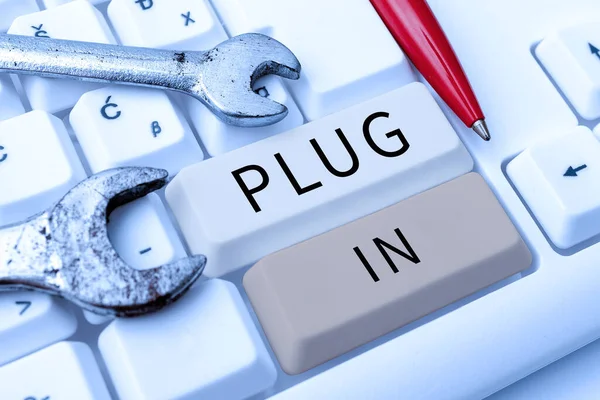 Text Sign Showing Plug Business Concept Putting Device Electricity Turn — Stock Photo, Image