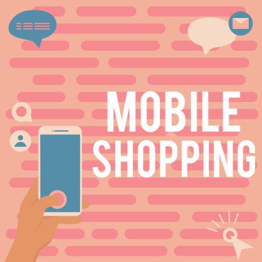 Mobile Shopping 'in cep telefonuyla mal ve hizmetlerin alınıp satılması, alınması ve satılmasının gösterildiği metin yazımı, konsept, cep telefonuyla mal ve hizmetlerin alınması ve satılması anlamına gelir