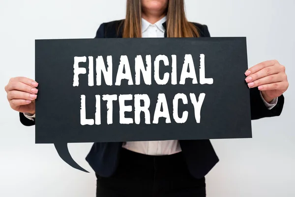 Bildunterschrift Finanzielle Alphabetisierungverstehen Und Wissen Darüber Wie Geld Funktioniert Wort — Stockfoto