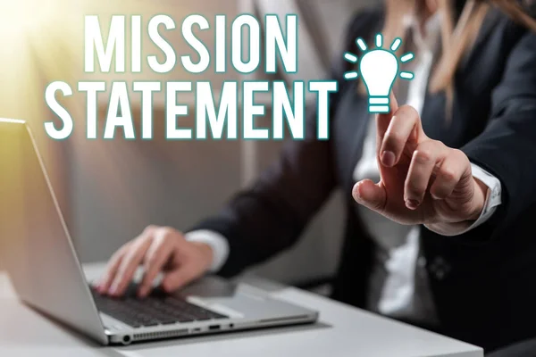 Text caption presenting Mission StatementFormal summary of the aims and values of a company, Business overview Formal summary of the aims and values of a company