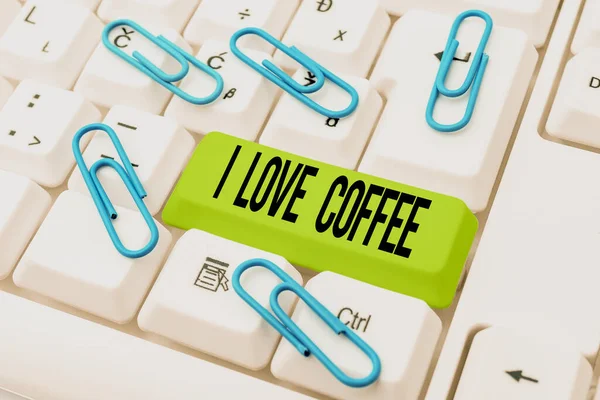Textschild Mit Der Aufschrift Love Coffee Geschäftskonzept Liebe Heißgetränken Mit — Stockfoto