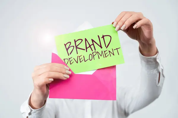 Legenda Texto Apresentando Brand Developmentdefinindo Produto Ser Excel Mercado Promovendo — Fotografia de Stock